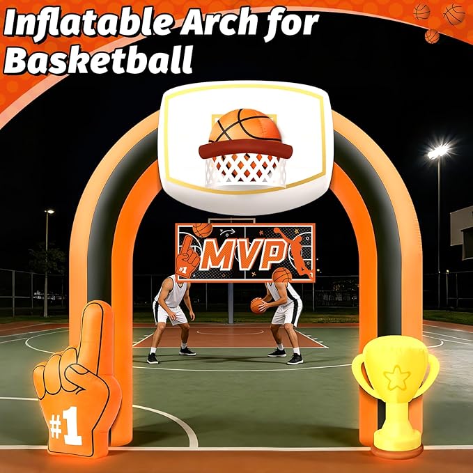 9 FT Giant Basketball Inflatable Arch, Game Day Blow up Basketball with 1 Blower Built-in 5LED Lights and 2 Banners for Team Coach Stadium Basketball Yard Outdoor Party Decorations