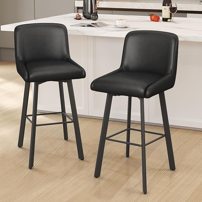 Swivel Bar Stools, 29''H Upholstered Barstools with Backs, Modern Counter Height Bar Stool Chairs for Kitchen Island, Metal Legs (Black- Faux Leather, Set of 2-29" H)