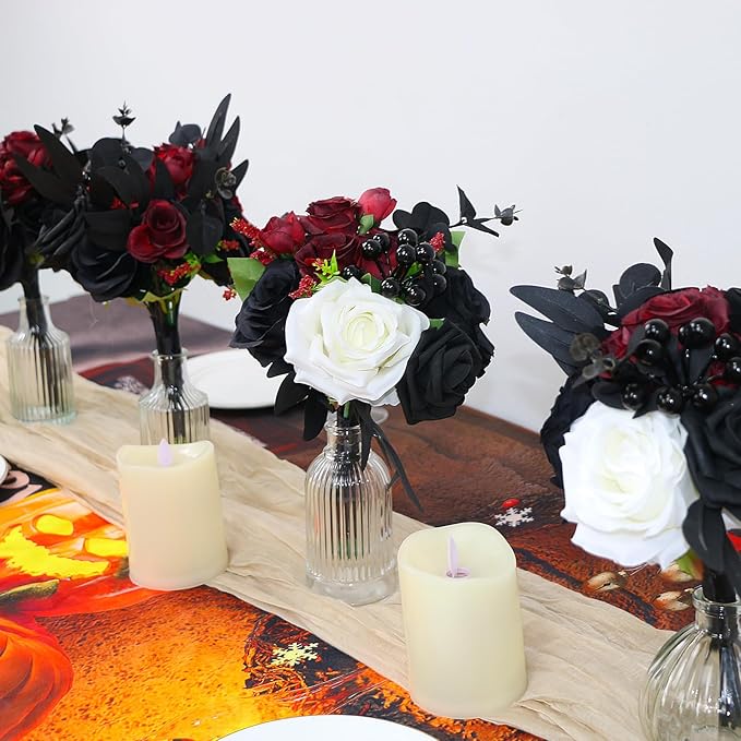 Bridesmaid Bouquets Set of 6 - Gothic Flowers Bouquet for Bridesmaids Halloween Marriage Proposal Party Ceremony Anniversary Dining Table Centerpiece Decor - Black and Red