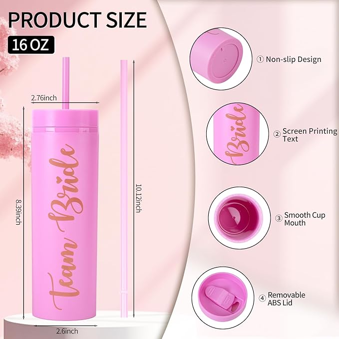 10 Pack Skinny Tumbler | 16 oz Bride & Team Bride Tumblers | Bachelorette Party Cups | Engagement Wedding Gifts Bridesmaids Mugs Bachelorette Party Supplies & Games (Pink)