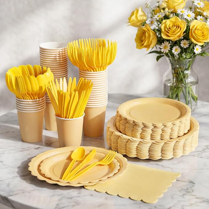 350 Pcs Light Yellow Plates and Napkins, 50 Guest Spring Easter Party Supplies Include Scalloped Paper Plates Napkins Cups Plastic Spoons Forks Knives Disposable Tableware Set for Baby Shower