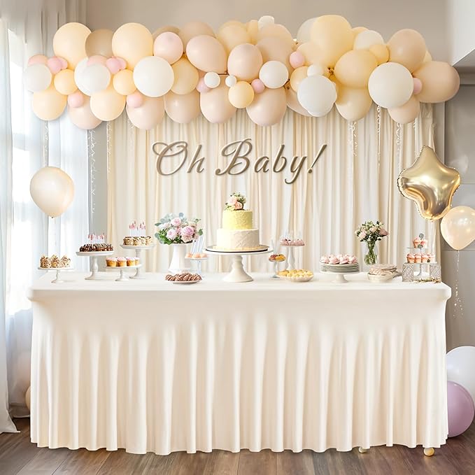 6 Packs Ivory Table Clothes for 8 Foot Rectangle Tables, One-Piece Wrinkle Resistant Stretch Spandex Table Covers with Skirt for Event Banquet Wedding Birthday Party