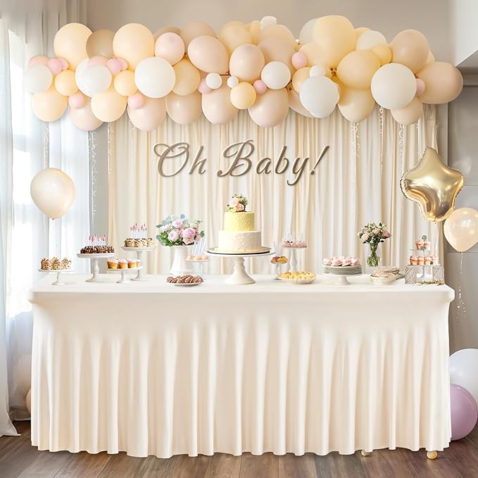 4 Packs Ivory Table Clothes for 8 Foot Rectangle Tables, One-Piece Wrinkle Resistant Stretch Spandex Table Covers with Skirt for Event Banquet Wedding Birthday Party
