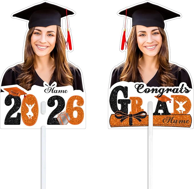 Personalized Graduation Face Fan 2026 Grade Custom Double Sided Face Cutout Fan with Handle Photo Booth Prop Party Supplies(B-Orange and Black,12pcs)