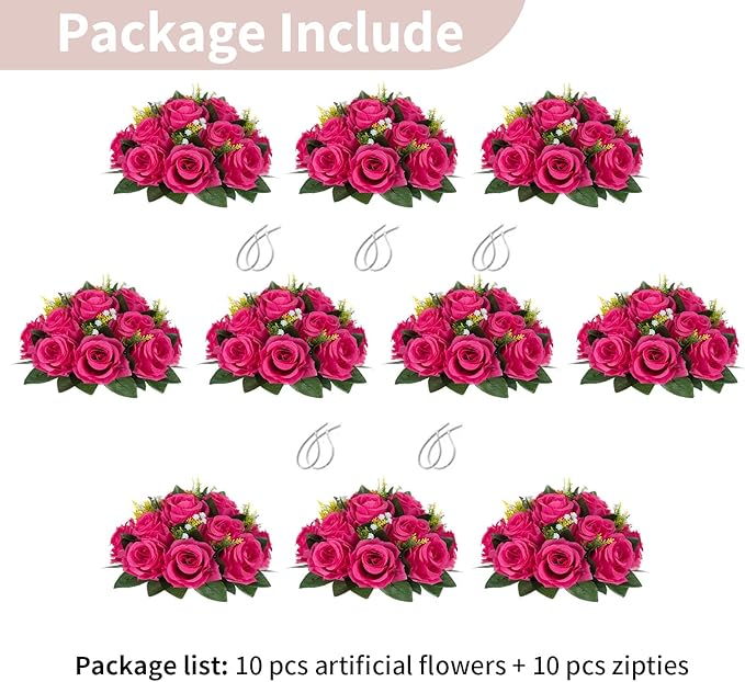 NUPTIO Flower Ball for Table Centerpieces: 10 Pcs Hot Pink Artificial Rose Kissing Balls for Wedding Party Valentine Tables - Faux Silk Floral Arrangements for Home Dining Event Decorations