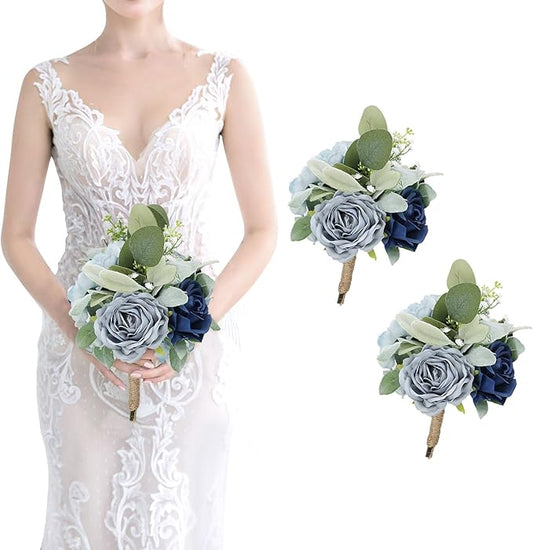 Artificial Bridesmaid Bouquets - Set of 2 Silk Rose Flowers Bouquet Wedding Rustic Small Floral Centerpieces for Marriage Proposal Party Anniversary Dining Table Decorations - Blue,7 Inch