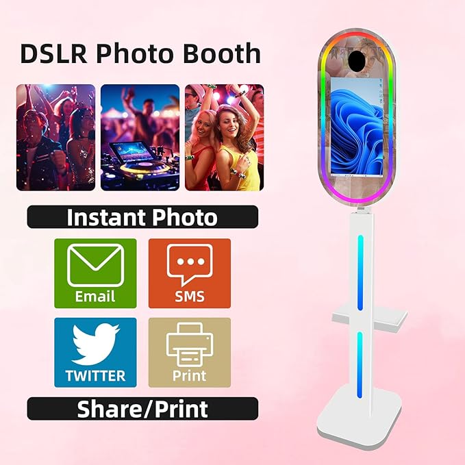Oval Mirror Photo Booth with Flight Case,15.6 in Touch Screen Mirror Photo Booth Magic Mirror Photobooth Selfie for Party Events Wedding Rental (White, Without Camera Printer)