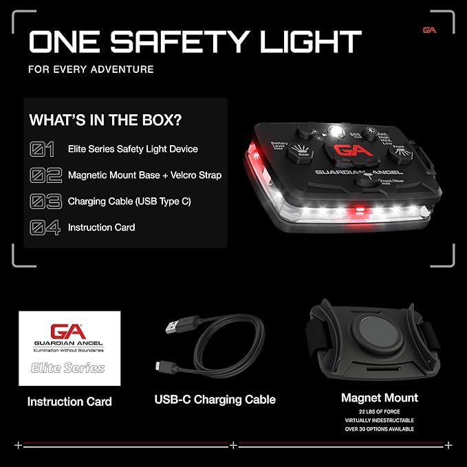 Guardian Angel Elite Series Safety Light, Beacon Device (White Front & White/Red Rear) Rechargeable, Magnetic, Hands-Free Wearable & Mountable LED Flashlight For First Responders, Firefighter & Rescue