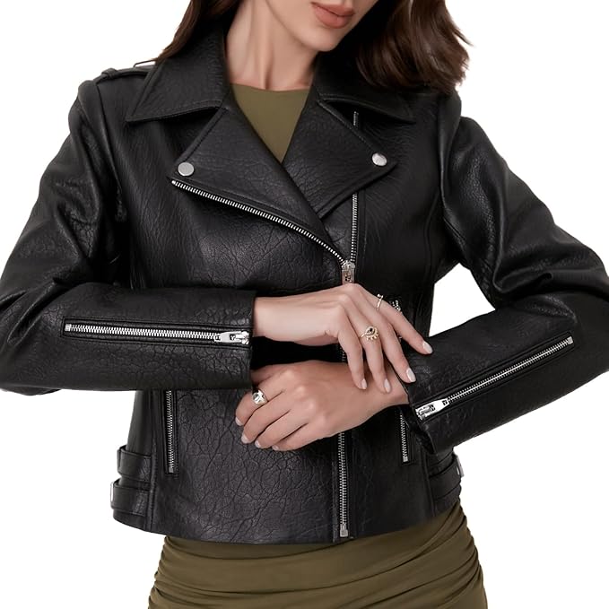 SILVER FASHIONS Lambskin Leather Jacket Women,Motorcycle Jacket,Asymmetrical Zip Style,Buckle Belts,Quilted Details