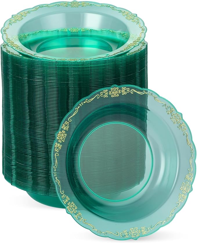 100 Pack Clear Green Plastic Bowls with Gold Rim, 12oz Plastic Salad Bowl, Disposable Bowls for Party, Dinners, Weddings, Christmas, Thanksgiving