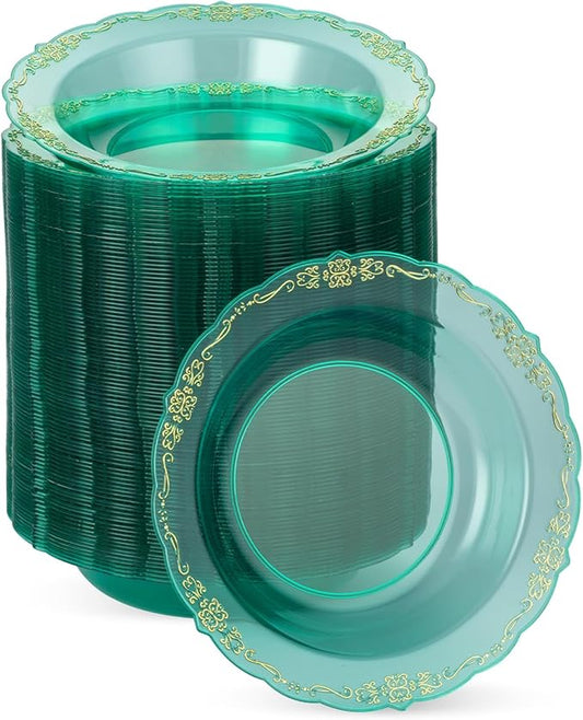 100 Pack Clear Green Plastic Bowls with Gold Rim, 12oz Plastic Salad Bowl, Disposable Bowls for Party, Dinners, Weddings, Christmas, Thanksgiving