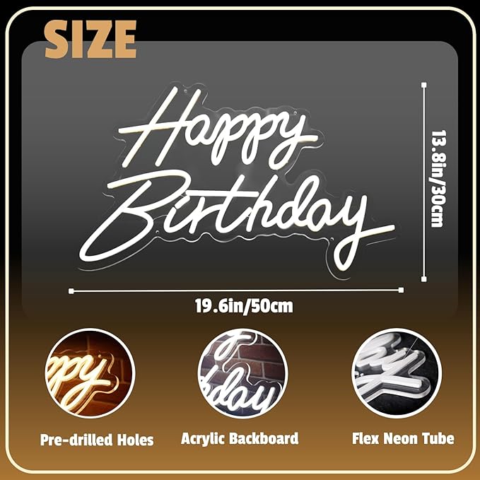 XC Happy Birthday Neon Sign Large Size 19.6×11.8 Inch Birthday Neon Lights for Party Decor Art Light Up Letters Signs for Room Backdrop Reunion Decoration 5V USB (White)