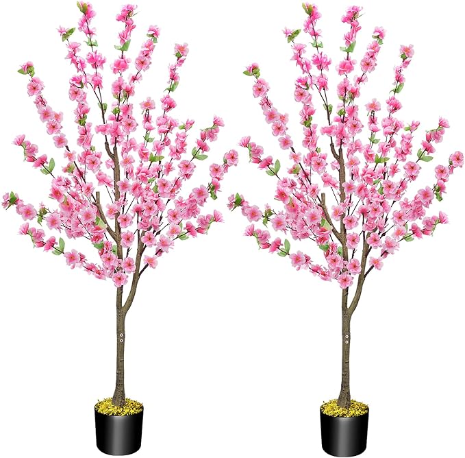 HUAESIN 4.4Ft 2 Pack Tall Cherry Blossom Artificial Tree, Fake Tree Faux Silk Plant with Plastic Nursery Pot, Artificial Plants for Home Office Indoor Decor