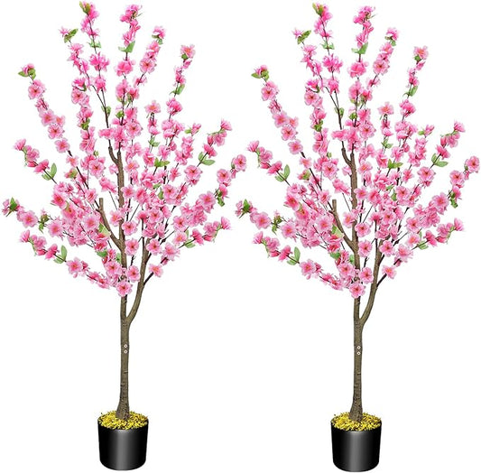 HUAESIN 4.4Ft 2 Pack Tall Cherry Blossom Artificial Tree, Fake Tree Faux Silk Plant with Plastic Nursery Pot, Artificial Plants for Home Office Indoor Decor
