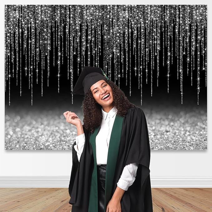 Black Silver Glitter Backdrop 12x8ft Graduation Birthday New Year Housewarming Retirement Party Background for Photography Theme Party Banner Studio Photo Booth Props