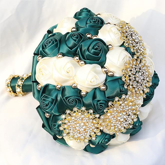 Emerald Green Ivory Bridal Wedding Bouquet with Gold Rhinestone Pearl for Quinceanera Bride Bridesmaid Satin Rose Flower Brooch Bouquet Wedding Emerald Green and Ivory 8.3in