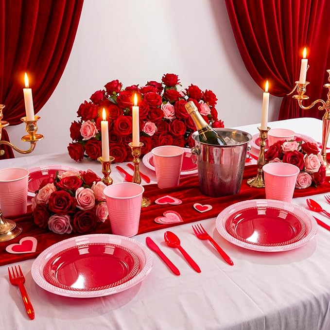 MirthMood 350PCS Valentines Plastic Plates For Party, Valentines Disposable Plates Set, 50 Of Each Dinner Plate Set, Dessert Plate, Cups, Napkins & Cutlery Plastic Dinnerware for Valentine's Day
