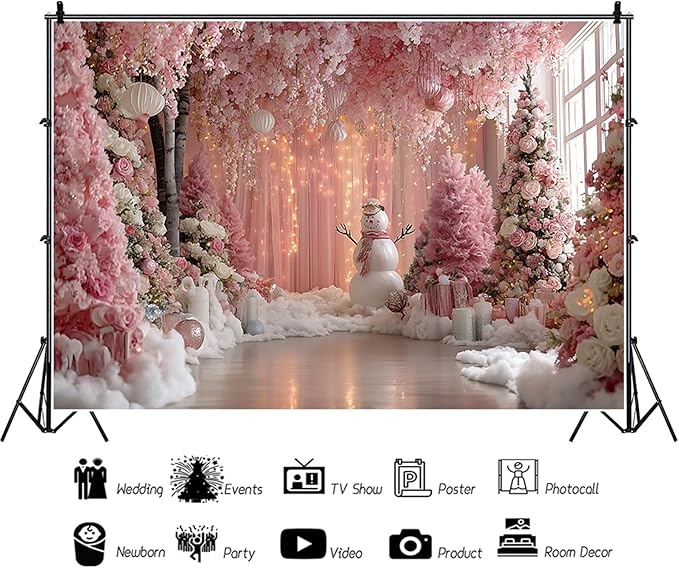 Baocicco 10x7ft Pink Merry Christmas Photography Background Xmas Snowman Flowers Curtain New Year Eve Photo Backdrop for Winter Holiday Party Banner Girls Princess Birthday Baby Shower Backdrops