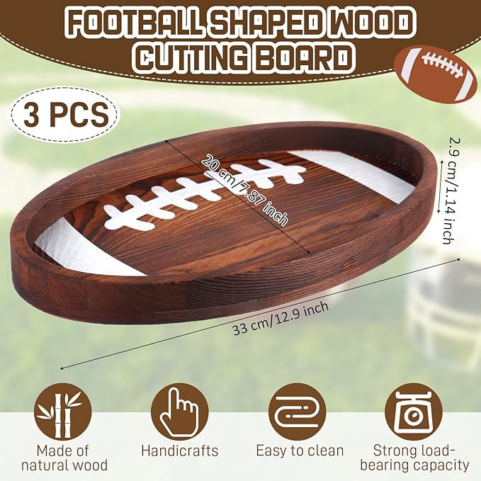 Hushee 3 Pcs Football Serving Trays and Platters 13 Inch Wooden Shaped Football Serving Dishes Tailgate Party Platter Snack for Game Party Decoration(Elegant Style)