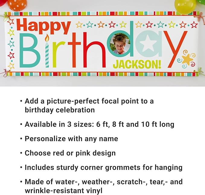 Let's Make Memories Personalized Birthday Banner - Kids Party Decorations - Custom Happy Birthday Banner - Indoor/Outdoor Vinyl - Any Text and Photo - Pink Multi - 10ft
