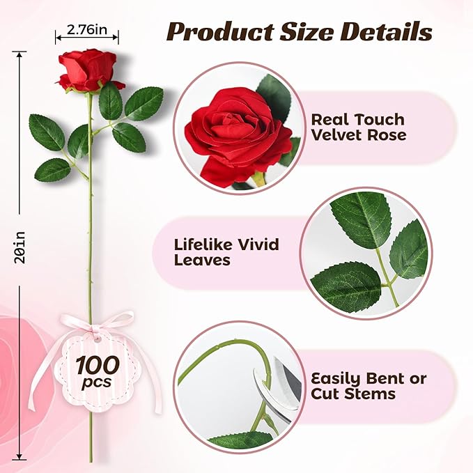 100 Pcs Fake Red Roses Artificial Flowers Bulk, Faux Velvet Silk Rose Bouquet with Long Stems Real Look for Wedding Party Centerpieces Vases Decor