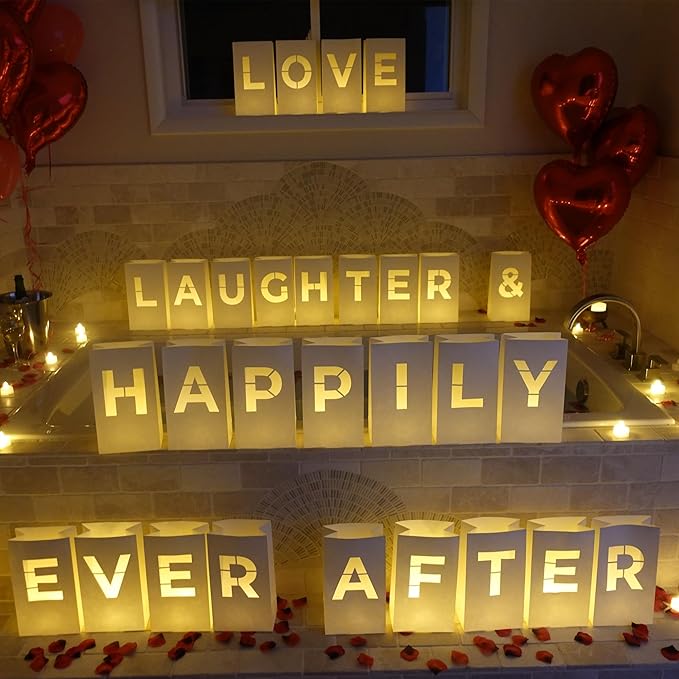 Love Laughter & Happily Ever After Luminary Bags with LED Tea Light Candles, Balloons, and Rose Petals – Romantic Decorations for Proposals, Anniversaries, and Special Moments