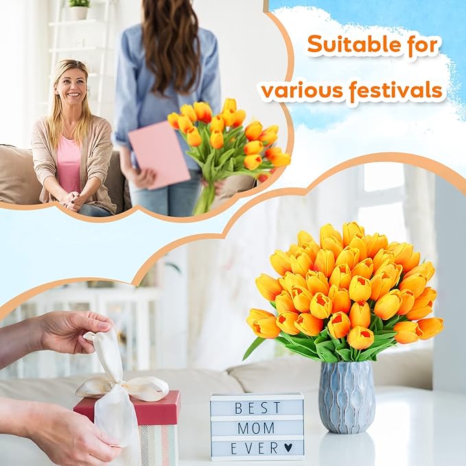 Jexine 100 Pcs Artificial Real Touch Tulips Fake Artificial Tulip Flower Bulk Bouquet with Stem for Table Centerpieces Wedding Bridal Easter Mother's Day Garden Home Decor, 13.4''(Sunset Red)