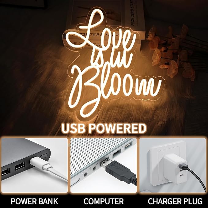 Love is in Bloom Neon Sign for Wall Decor Dimmable Led Lights Signs Letters Signs for Bridal Shower Warm White Neon Light Room Decor for Wedding Engagement Christmas Party Gift 12.8*15.16 in
