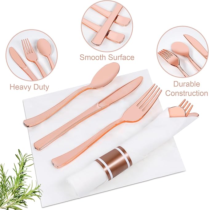800 PCS Pre Rolled Cutlery Sets, Premium Rose Gold Plastic Flatware Set Wrapped in Napkin, Disposable Cutlery Set with 200 Forks, 200 Knives, 200 Spoons, 200 Napkins for Upscale Wedding, Party, Dinner
