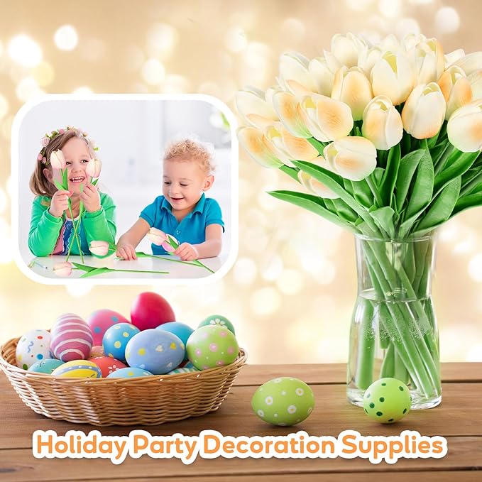 Jexine 100 Pcs Artificial Real Touch Tulips Fake Artificial Tulip Flower Bulk Bouquet with Stem for Table Centerpieces Wedding Bridal Easter Mother's Day Garden Home Decor, 13.4''(Light Champagne)