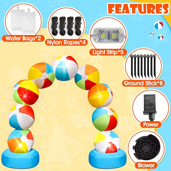 8FT Winter Inflatable Beach Ball Arch Blow Up Arch Built-in 5 LED Lights for Winter Inflatables Outdoor Decorations Birthday Party Favors Spring Party Supplies for Pool Beach Yard Lawn Garden Decor