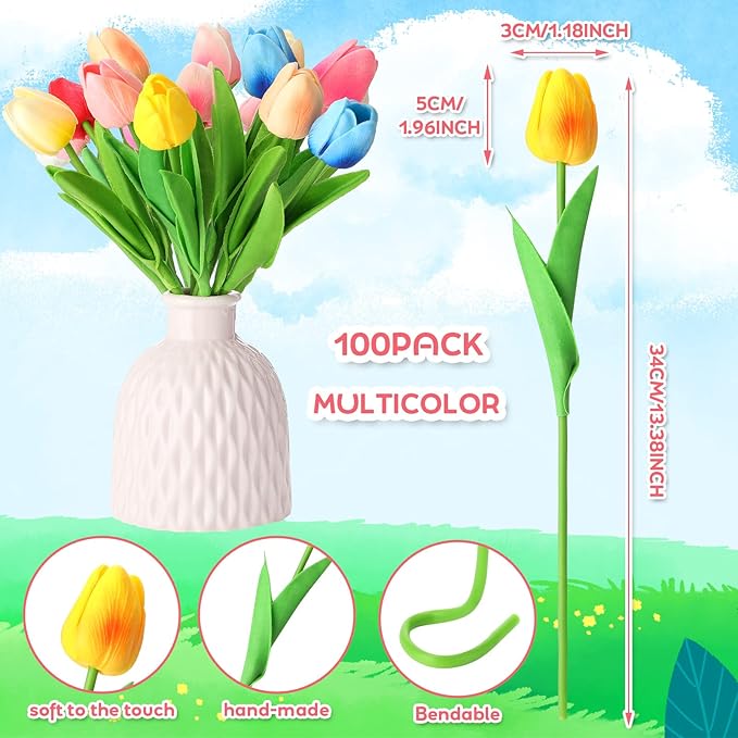 Jexine 100 Pcs Artificial Real Touch Tulips Fake Artificial Tulip Flower Bulk Bouquet with Stem for Table Centerpieces Wedding Bridal Easter Mother's Day Garden Home Decor, 13.4''(Multicolor)
