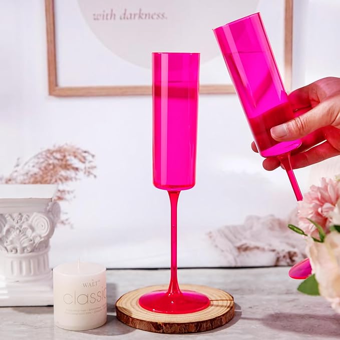Ciaell 24 Pack Plastic Champagne Flutes - Hot Pink 6 Oz Disposable Champagne Glasses - Square Plastic Toasting Glasses for Party Birthday Anniversary Wedding & Valentine's Day