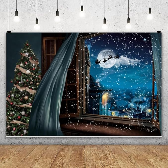 Christmas Backdrop 12x8ft Christmas Window Snowy Scene Photography Backdrop Xmas Tree Snow Background Merry Christmas Happy New Year Party Decoration Banner Portrait Photoshoot Studio Props