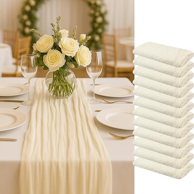 12 Pack Beige Cheesecloth Table Runner – 10FT x 12pcs Soft Gauze Boho Table Runners for Baby Shower, Coastal Wedding, Modern Rustic Party Decor