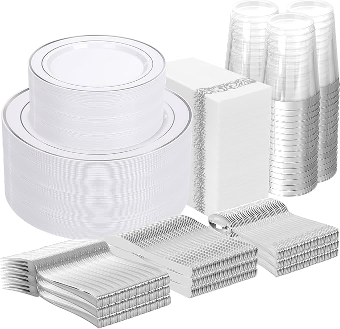 Supernal 800Pcs Silver Plastic Plates,Silver Plastic Dinnerware Set,Disposable Silvery Plates Include 100 Dinner Plate,100 Salad Plate,100 Spoons,200 Forks,100 Knives,100 Cups,100 Napkins for Party