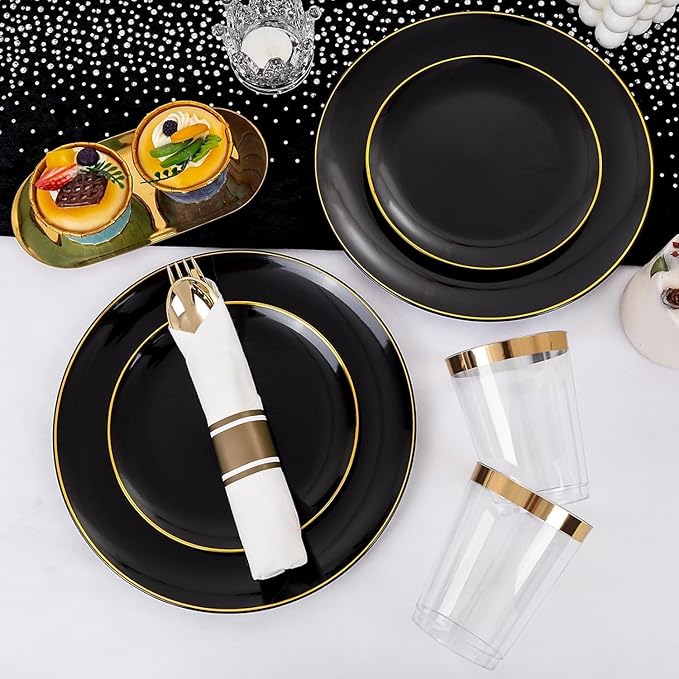 KIRE 350 PCS Plastic Dinnerware Set for 50 Guests - Black and Gold Plates 50 for Dinner 50 for Dessert & 50 Pre Rolled Napkins with Disposable Silverware 50 Cups for New Year/Banquet/Wedding