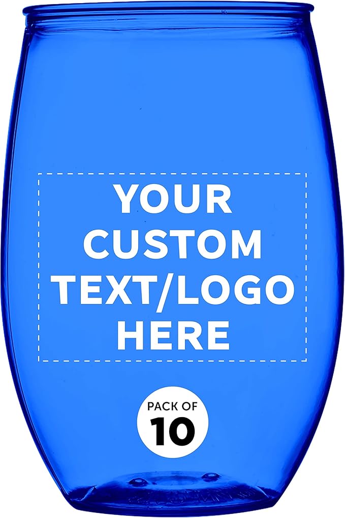 Custom Plastic Stemless Wine Glasses 16 oz. Set of 10, Personalized Bulk Pack - BPA Free, Great for Outdoor Lounges, Poolside, Parties and Other Events - Blue
