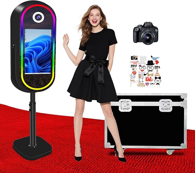 Oval Magic Mirror Photo Booth Machine with Flight Case, 21.5inch Touch Screen Built-in Mini PC for Wedding Parties (Black, Camera + Photo Booth)
