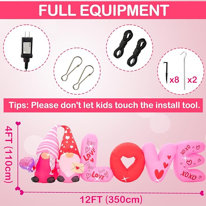 12FT Valentine Inflatables Outdoor Decorations-Love Valentines Day Inflatable Gnome Hold Rose Blow Up Yard Decorations with LED Lights Spring Outside Holiday Party Garden Lawn Decor