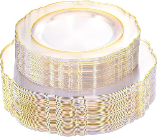WDF 100pcs Clear Disposable Plastic Plates With Gold Trim - Baroque Clear Gold including 50PCS Dinner Plates 10.25inch and 50PCS Salad Plates 7.5inch for Wedding Birthday Valentine's Day