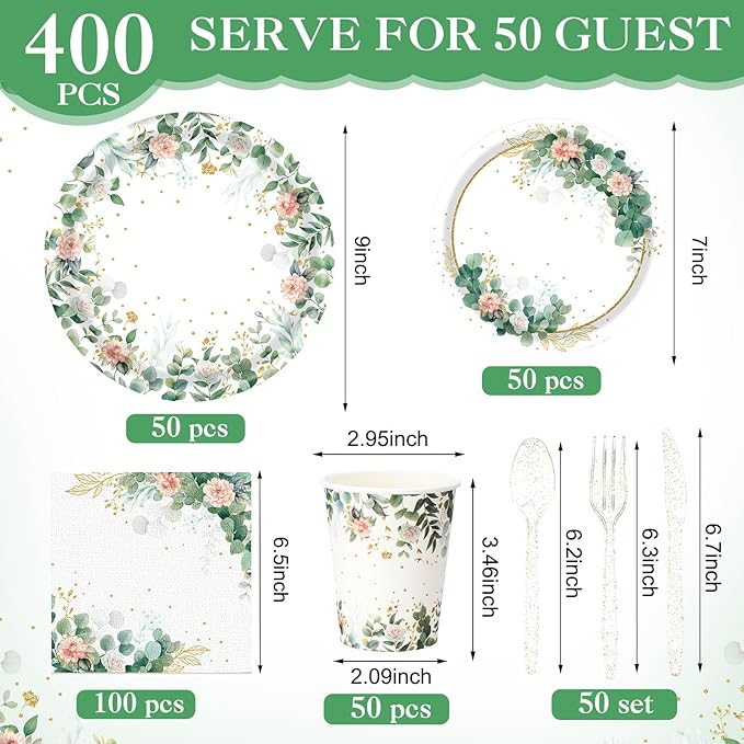 400 Pcs Sage Green Color Party Supplies Serve 50 Guests Eucalyptus Flowers Disposable Paper Plates Napkins and Cups for Bridal Baby Shower Birthday Wedding Party Decorations(Elegant)