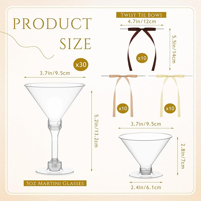 Maxdot 30 Sets A Tini Bit Older Birthday Party Supplies 5 oz Espresso Martini Glasses Plastic Mini Champagne Tower with Bows for Espresso Martini Bachelorette Decoration Tiny Bar(Coffee, Khaki, Beige)