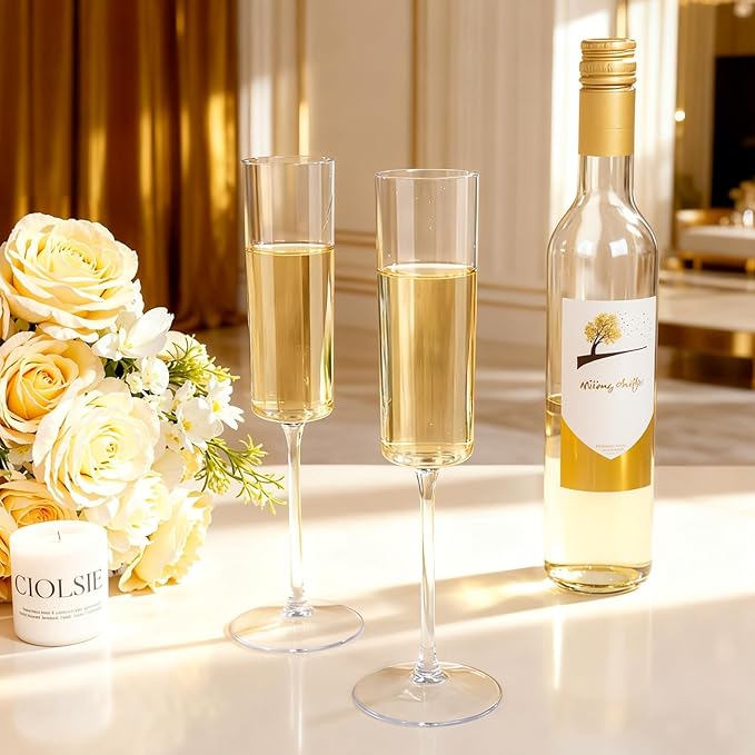Ciaell 24 Pack Plastic Champagne Flutes - Clear 6 Oz Disposable Champagne Glasses - Square Plastic Toasting Glasses for Party Birthday Anniversary Wedding