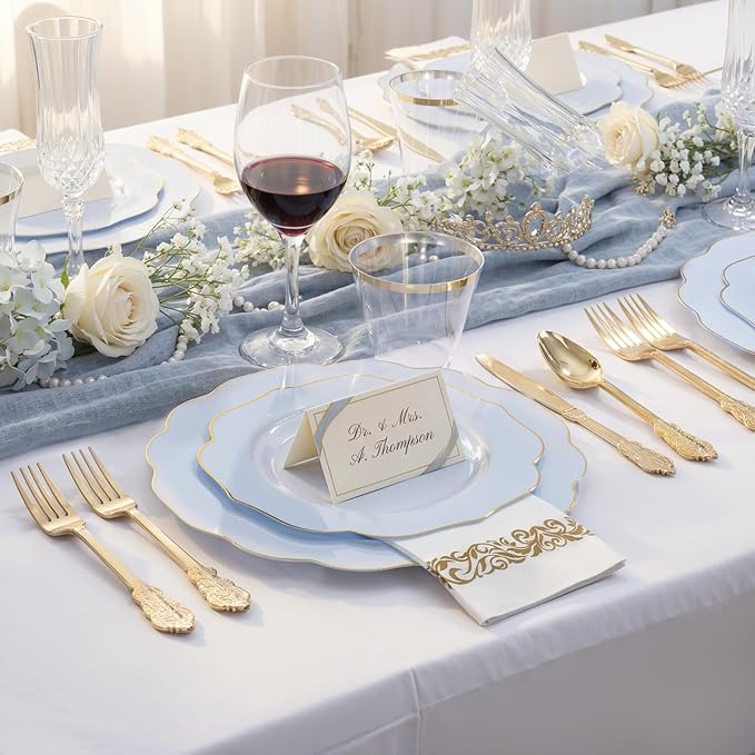 NOCCUR 175PCS Blue Plastic Plates with Gold Disposable Silverware - Include 50 Light Blue and Gold Plastic Plates,25 Knives,25 Forks,25 Spoons,25 Cups and 25 Napkins - Ideal for Shower/Spring Party