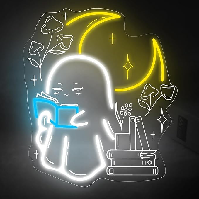 Ghost Reading Book Neon Sign Boo Reading Books Bedroom LED Lights Wall Decoration Neon Sign Decoration, Gift for Bookworm, 14.8"x13", Ice Blue