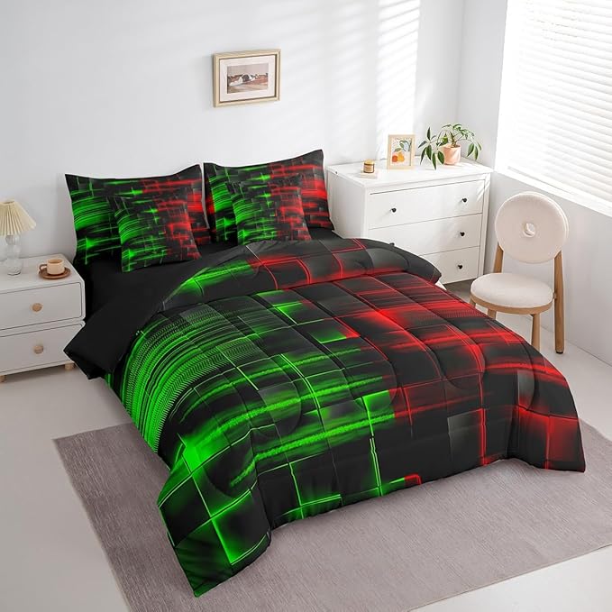 Feelyou Red and Green Comforter Set with Sheets 7 Piece Twin Size Kids Geometric Bed in a Bag Strip Lines Bedding Set Abstract Art Bed Set with Comforter, Sheets,Pillowcases,Cushion Covers
