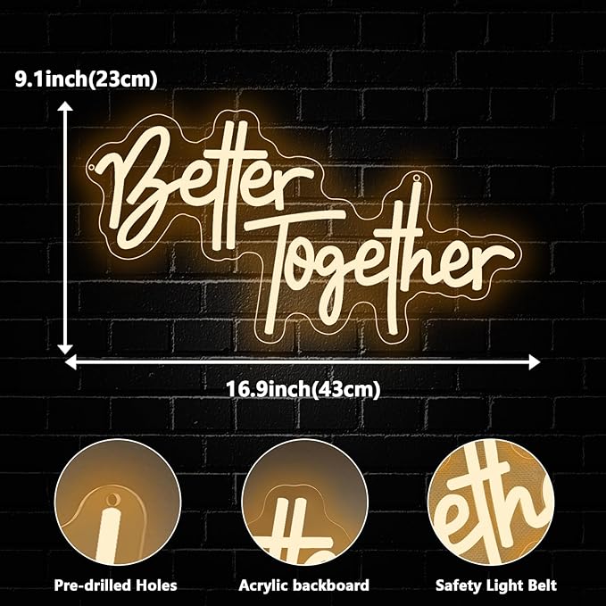 Better Together Neon Sign, Better Together Led Neon Light Signs for Wedding Bridal Shower Wall Decor Wedding Decotations for Backdrop Birthday Anniversary Party Dimmable USB Powered(16.9"*9.1")