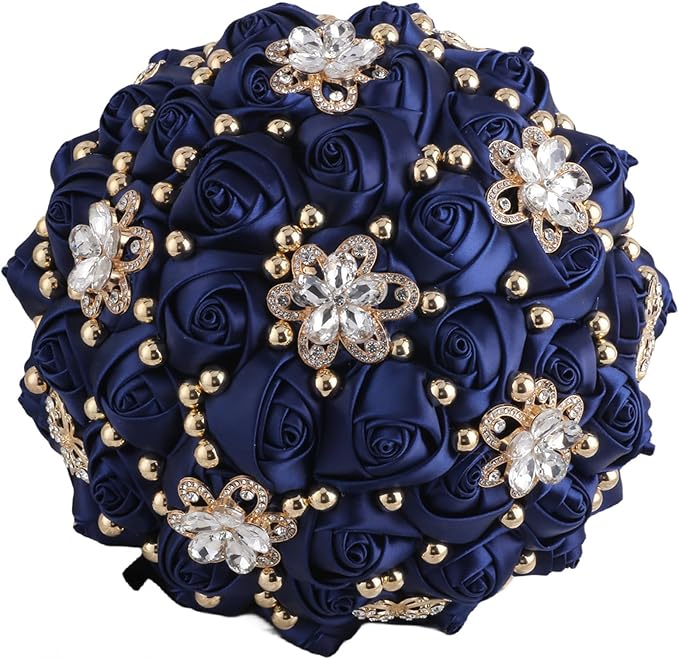 Bridal Wedding Bouquet for Bride Bridesmaid Wedding Quinceanera Throw Toss Artificial Rose Flower Bunch with Bling Brooch (66#Navy, Large (Dia. 9.8"/24cm))
