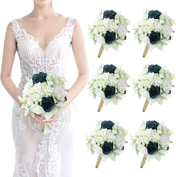 Wedding Bridesmaids Bouquets Set of 6-7 Inch Artificial Flowers Bouquets for Bridesmaids Pre-Made Faux Small Floral Bouquets Bridal Shower, Wedding, Ceremony, Anniversary - White & Teal Blue